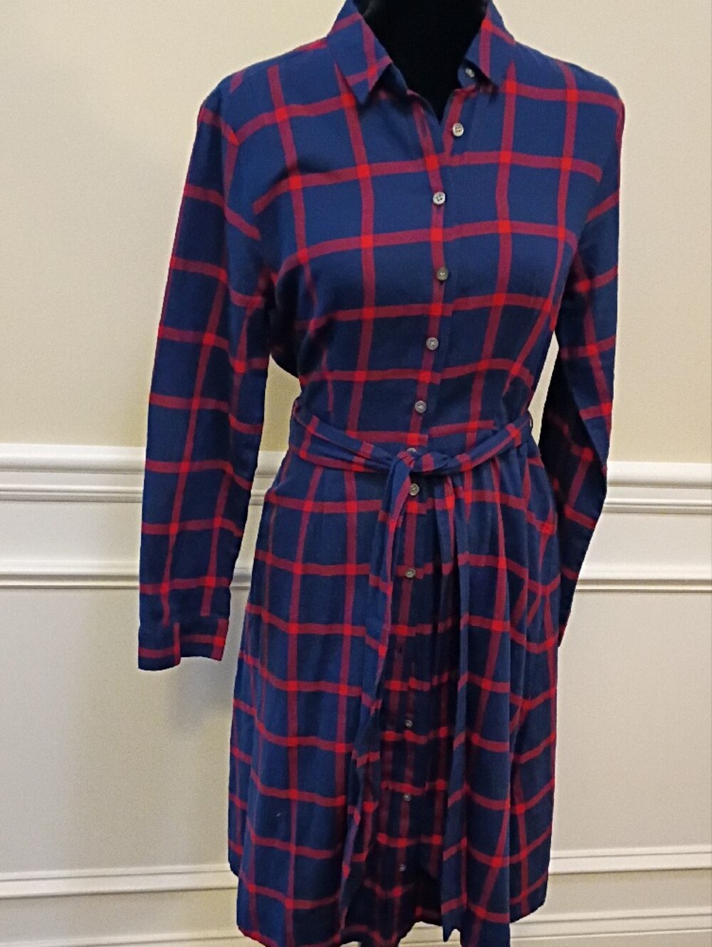 J. Crew Navy with Red Windowpane Button-Front Shirt Dress